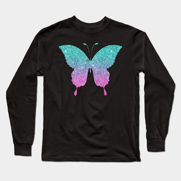 Bright Pink and Teal Ombre Faux Glitter Butterfly Long Sleeve T-Shirt by Felicity-K